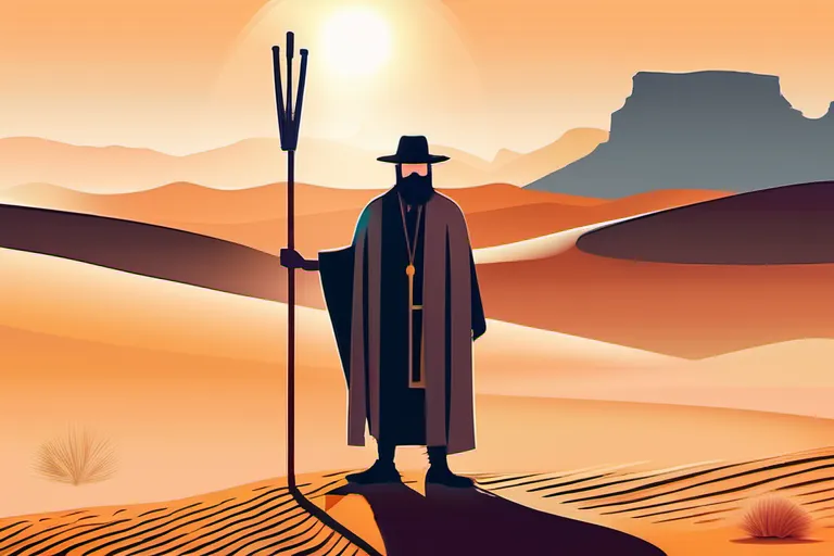 A stylized illustration of a bearded man with a staff, standing amidst a backdrop of a desert landscape. - Moses in Islam