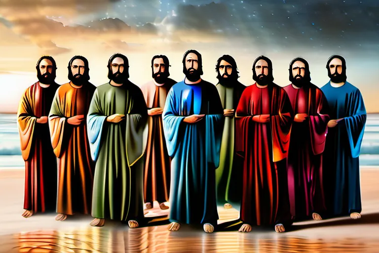 An image depicting a group of twelve individuals symbolizing the twelve apostles, standing together in a meaningful and powerful pose. - Apostles