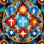 A vibrant, colorful mosaic depicting various religious symbols from around the world. - religious diversity