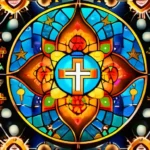 A colorful, intricate mosaic depicting various religious symbols from around the globe. - religion diversity