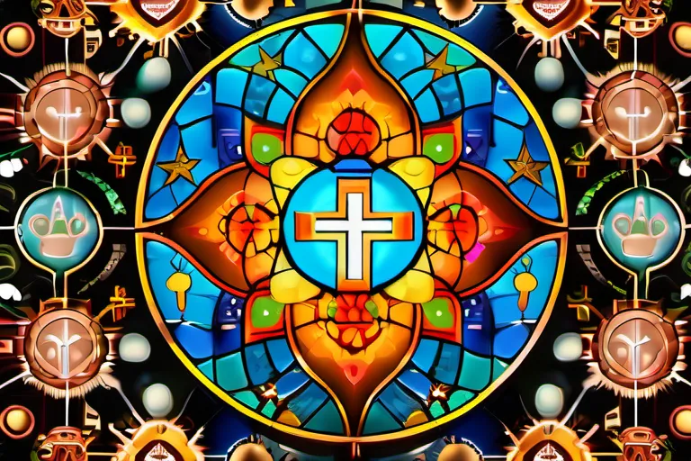 A colorful, intricate mosaic depicting various religious symbols from around the globe. - religion diversity