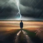 A serene image of a person standing tall amidst a stormy landscape, symbolizing resilience in the face of adversity. - suffering, good people, bad things