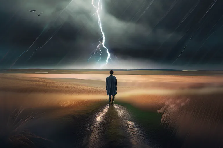 A serene image of a person standing tall amidst a stormy landscape, symbolizing resilience in the face of adversity. - suffering, good people, bad things