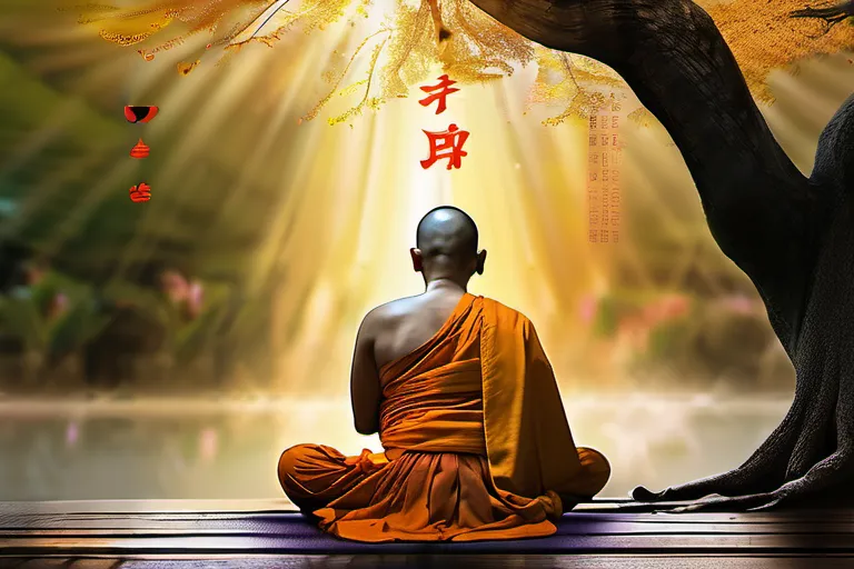 A serene image of a Buddhist monk meditating under a Bodhi tree with the words 'Karma: The Core Belief of Buddhism' superimposed. - Buddhism Karma