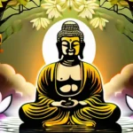 A serene image of a Buddha statue, surrounded by lotus flowers, with the Eightfold Path's eight elements subtly integrated into the scene. - Eightfold Path, Buddhism, spiritual growth, enlightenment