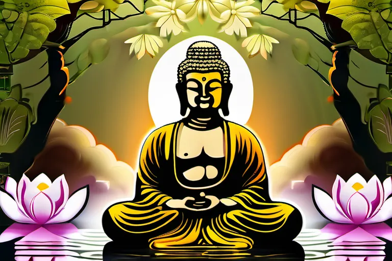 A serene image of a Buddha statue, surrounded by lotus flowers, with the Eightfold Path's eight elements subtly integrated into the scene. - Eightfold Path, Buddhism, spiritual growth, enlightenment