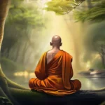 A serene image of a Buddhist monk meditating in a tranquil forest setting, surrounded by nature. - Buddhist Meditation