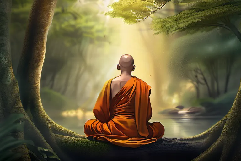 A serene image of a Buddhist monk meditating in a tranquil forest setting, surrounded by nature. - Buddhist Meditation