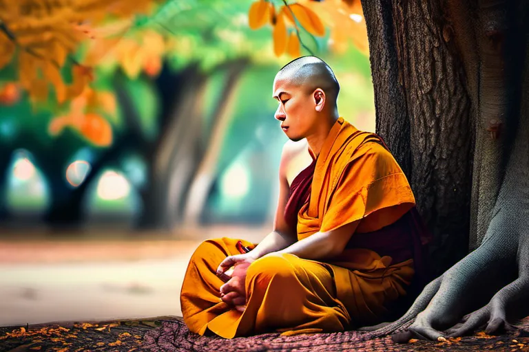 A serene image of a Buddhist monk with a shaved head, sitting peacefully under a tree. - Buddhism head shaving