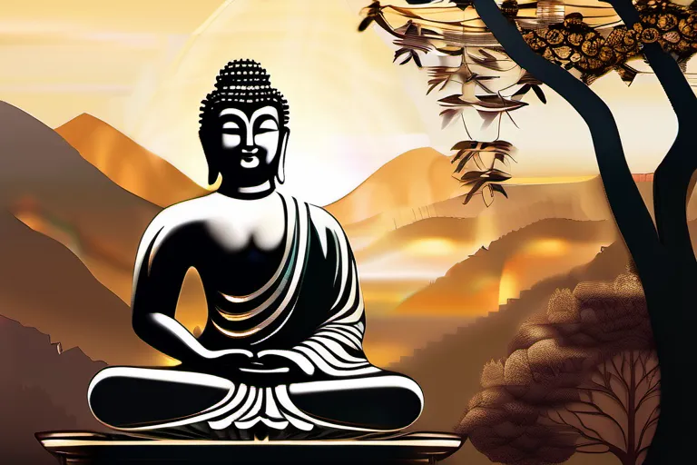 A serene image of a Buddha statue with a background of mountains and trees, symbolizing the journey towards enlightenment and the role of suffering in that process. - Four Noble Truths