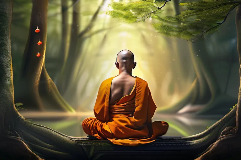 A serene image of a Buddhist monk meditating in a tranquil forest setting, symbolizing peace and mindfulness. - Buddhism, Desire, Avoidance, Enlightenment