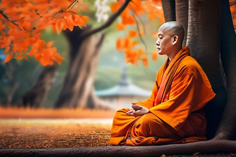 A serene image of a Buddhist monk in an orange robe, sitting peacefully under a tree. - Buddhism, orange robes, symbolism