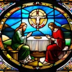 A stained-glass window depicting the Holy Trinity with Jesus at the center. - Christianity, Jesus, Son of God