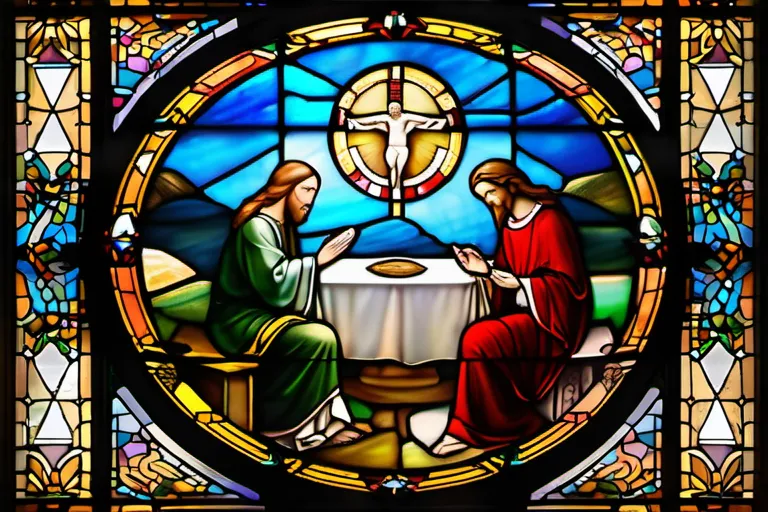 A stained-glass window depicting the Holy Trinity with Jesus at the center. - Christianity, Jesus, Son of God