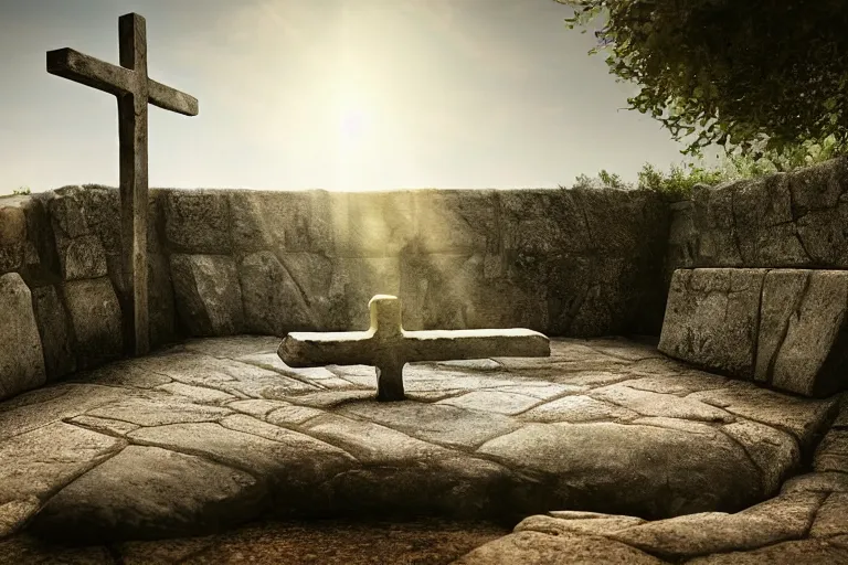 A serene image depicting an empty tomb with three crosses in the background, symbolizing the crucifixion and resurrection of Jesus. - resurrection of Jesus