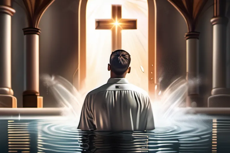 A serene image of a person being baptized in a church with water cascading down from above. - Christian Baptism