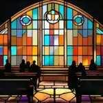 A beautiful stained-glass window depicting a congregation gathered for Sunday service. - Christian Sunday worship