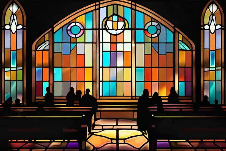 A beautiful stained-glass window depicting a congregation gathered for Sunday service. - Christian Sunday worship