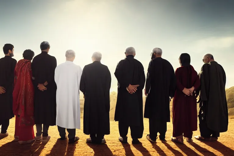 A diverse group of people from different religions standing together, symbolizing unity and respect for each other's beliefs. - religious exclusivity