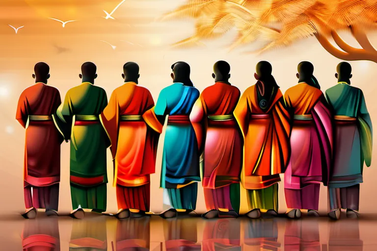 A vibrant image depicting a diverse group of people from various castes peacefully coexisting, symbolizing unity and harmony. - caste system in Hinduism