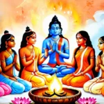 A vibrant painting depicting various Hindu deities gathered around a sacred flame, symbolizing unity and diversity within Hinduism. - Hinduism, polytheism, gods, Hindu culture