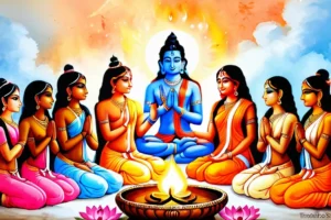 A vibrant painting depicting various Hindu deities gathered around a sacred flame, symbolizing unity and diversity within Hinduism. - Hinduism, polytheism, gods, Hindu culture