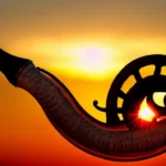 A close-up image of a beautifully crafted shofar against a sunset backdrop. - shofar, Jewish tradition, Judaism