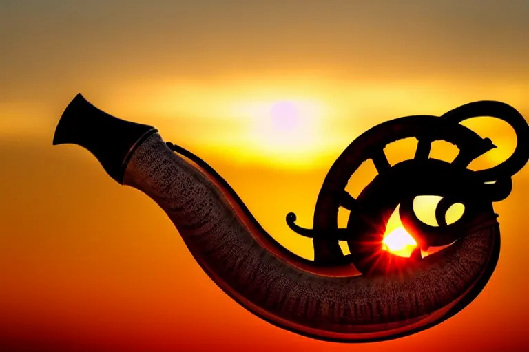 A close-up image of a beautifully crafted shofar against a sunset backdrop. - shofar, Jewish tradition, Judaism