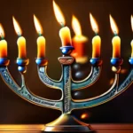 A beautifully lit menorah with nine candles, one unlit, symbolizing the upcoming Hanukkah celebration. - Hanukkah