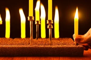 A beautifully lit menorah with nine candles, one of which is being lit by a hand holding a match. - Hanukkah menorah lighting