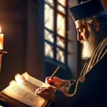 A thoughtful Jewish man reading a Torah scroll in a dimly lit synagogue. - Jewish beliefs about Jesus