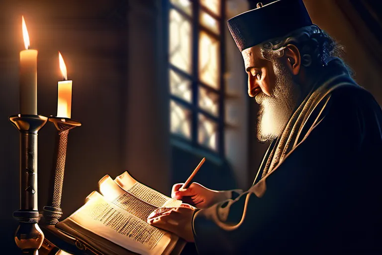 A thoughtful Jewish man reading a Torah scroll in a dimly lit synagogue. - Jewish beliefs about Jesus