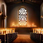 A serene image of a synagogue on a tranquil Saturday evening, with candles lit and people gathered for Sabbath prayers. - Jewish Sabbath