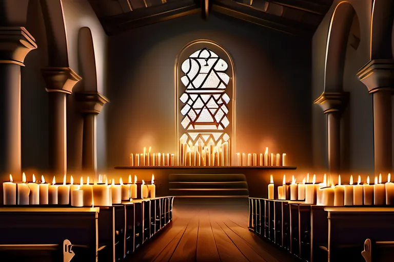 A serene image of a synagogue on a tranquil Saturday evening, with candles lit and people gathered for Sabbath prayers. - Jewish Sabbath