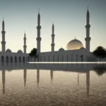 A serene image of a mosque with its minaret pointing towards Mecca, symbolizing the connection between Muslims worldwide during prayer. - Muslim prayer direction