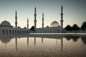 A serene image of a mosque with its minaret pointing towards Mecca, symbolizing the connection between Muslims worldwide during prayer. - Muslim prayer direction