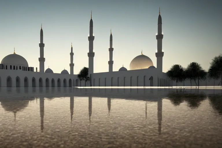 A serene image of a mosque with its minaret pointing towards Mecca, symbolizing the connection between Muslims worldwide during prayer. - Muslim prayer direction