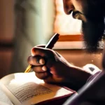 A close-up image of a Muslim reciting the Quran with a serene expression, symbolizing the peace and devotion associated with this practice. - Muslims Memorize Quran