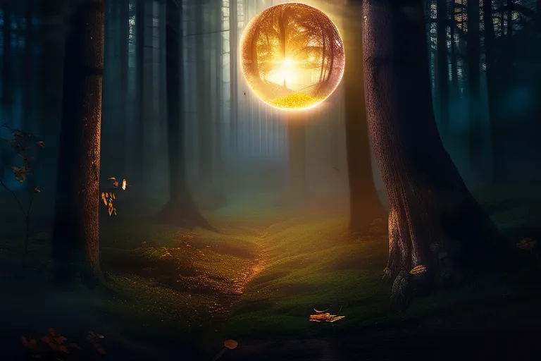 A mystical forest at dusk with a glowing orb hovering above, symbolizing the invisible forces that drive human belief. - belief, invisible, psychology, history, culture