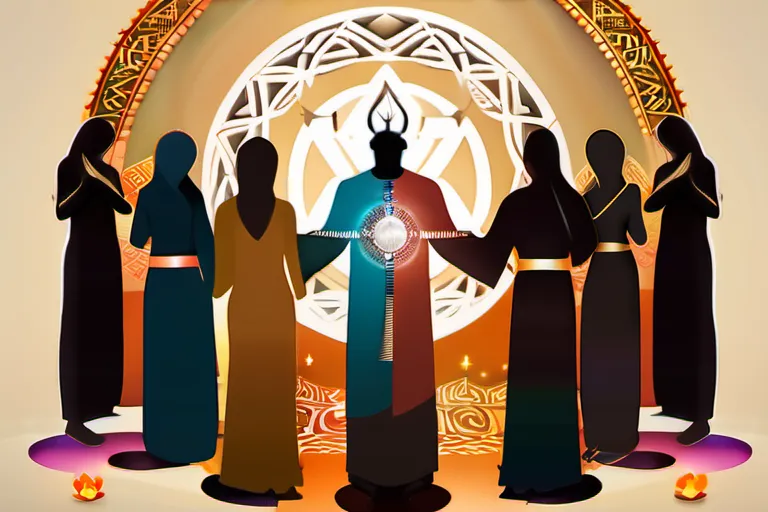 A diverse group of people standing in a circle, each holding a symbol representing their respective religions, symbolizing unity in diversity and the journey of religious conversion. - religious conversion