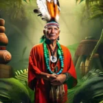 A serene image of a shaman in traditional attire standing amidst lush greenery, surrounded by various indigenous symbols and artifacts. - indigenous religions