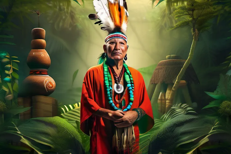 A serene image of a shaman in traditional attire standing amidst lush greenery, surrounded by various indigenous symbols and artifacts. - indigenous religions