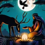 A serene forest scene with a shaman standing under a full moon, surrounded by various animals representing different nature-based religions. - nature based religion