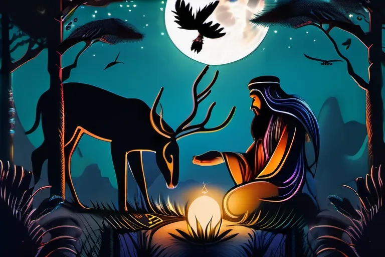 A serene forest scene with a shaman standing under a full moon, surrounded by various animals representing different nature-based religions. - nature based religion