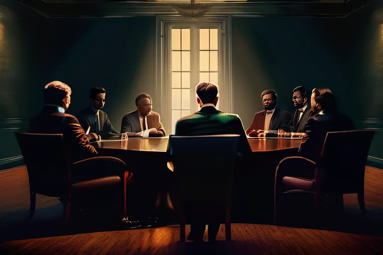 A captivating image depicting a group of people gathered around a charismatic leader in a dimly lit room, with an ominous yet intriguing atmosphere. - religious cults, psychology, motivation