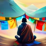 A serene scene depicting a person in deep prayer with colorful prayer flags fluttering in the wind. - Why do people pray?