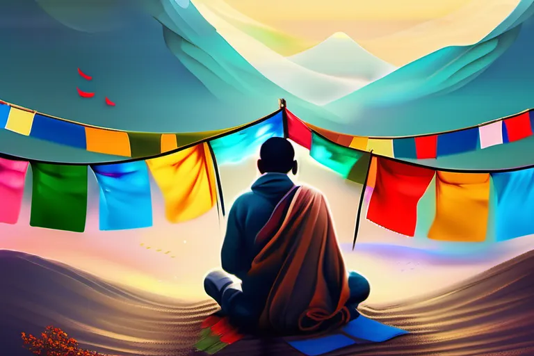 A serene scene depicting a person in deep prayer with colorful prayer flags fluttering in the wind. - Why do people pray?