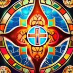 A vibrant mosaic depicting various religious symbols from different cultures. - religious movements