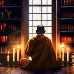 A thoughtful monk contemplating in a dimly lit room, surrounded by books and candles. - religious immoral acts