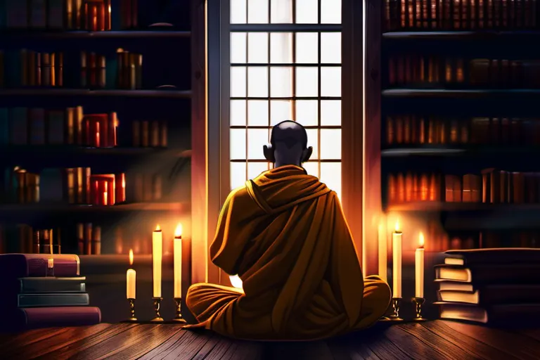 A thoughtful monk contemplating in a dimly lit room, surrounded by books and candles. - religious immoral acts